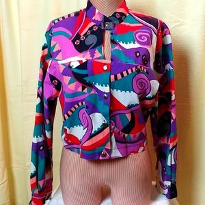 Vintage Western Shirt Ladies Small Crop Style Cutout Southwest Design Monarch